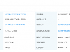 恒大地产所持贵阳恒大75710万元股权被冻结 对应持股比例超90%